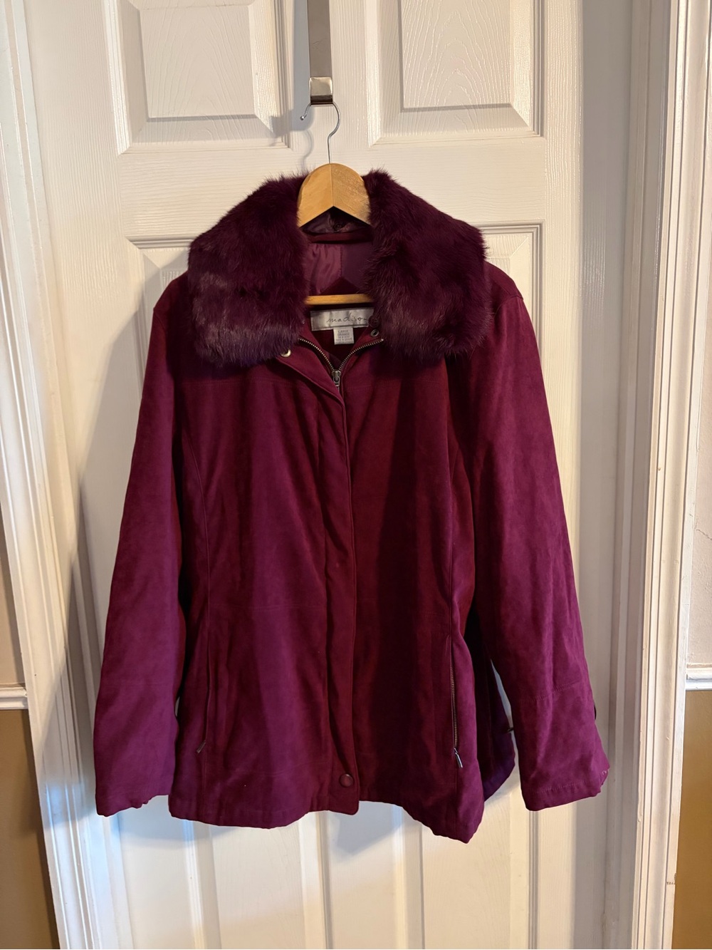 1 Madison Burgundy Faux Suede Coat L Real Rabbit Fur Collar Jacket Fall Winter